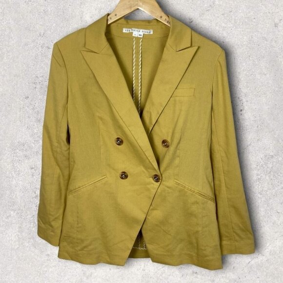 NEW Veronica Beard Double Breasted Linen Blazer Jacket Yellow Boyfriend Size‎ 8 - Picture 3 of 15